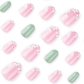 Short Press on Nails Oval Fake Nails Green Nails Press ons Glossy Glue on Nails Light Pink Acrylic Nails Cute False Nails with Flower Designs Summer Fall Stick on Nails for Women 24Pcs