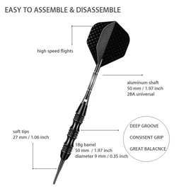 Sanfeng Darts with Plastic Tips for Electronic Dartboards - 20 Grams - Professional Soft Dart E-Darts with Aluminium Shafts - 50 Anti-Loose Rubber Rings, 30 Tips & 6 Flights