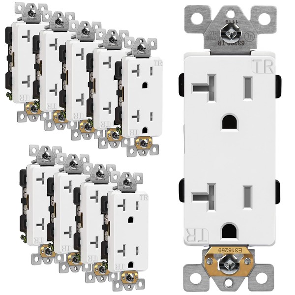 ENERLITES Industrial Grade Decorator Outlet, 20A 125V, Tamper-Resistant Duplex Receptacle, Self-Grounding, 5-20R, 2-Pole, 3-Wire Grounding, UL Listed, 63200-TR, White (10 Pack)