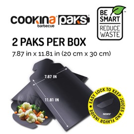 COOKINA PAKS BBQ Grilling Bag (Pack of 2) - 100% Non-Stick Pouch Steam Cook in Minutes, Easy to Clean and Safe for Smokers, as well as Gas, Charcoal and Electric Barbecues, Flat, Black (KB1)