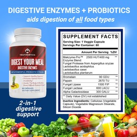 TRUTHENTICS Digestive Enzymes Plus Probiotics & Prebiotics with Bromelain, Lactase, Galactosidase, Acidophilus - Vegan Digestion Aid, Constipation Bloating & Gas Relief for Men & Women - 60 Capsules