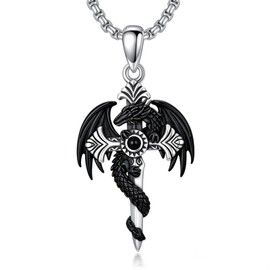 Lypic Gothic Dragon Sword Necklace for Men Women 925 Sterling Silver Black Dragon Wrapped Sword Cross Pendant with Obsidian Dark Gothic Jewelry