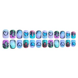 Square Press on Nails Short Fake Nails with Designs Colorful Heart Stick on Nail Black Lines Acrylic False Nail French Glossy Artificial Nail Full Cover Glue on Nails for Women