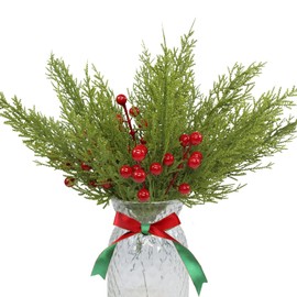 30 Pcs Christmas Artificial Pine Branches with Red Berry Stems, Christmas Greenery Stems Pine Stems, Fake Foliage Pine Needles Picks Cedar Sprigs Stems for Christmas Garland Home Decor (30)