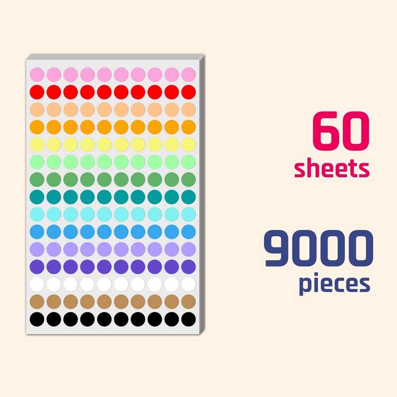 9000 Pack - 10mm Coloured Dot Stickers, Sticky Dots Labels