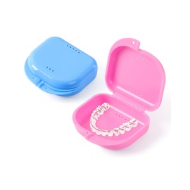 JMU Retainer Case with Vent Holes, Orthodontic Storage Case, Travel Box for Aligner & Mouth Guard (2 Pcs, Pink and Blue)