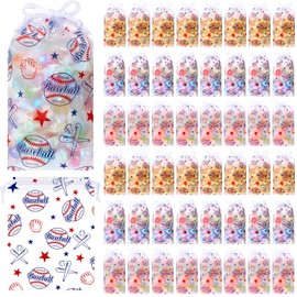 Lemosae 50 Pack Baseball Drawstring Gift Bags Bulk Baseball Treat Goodie Bags Plastic Sport Party Favor Bags for Sports Theme Birthday Baby Shower Party Package Supplies