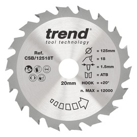 Trend Wood Cordless Circular Saw Blade 125mm Diameter 20mm Bore 18T 1.5mm Kerf +20° Hook TCT Coarse Surface CSB/12518T