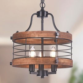 Farmhouse Wood Chandelier Vintage Ceiling Light, Modern Metal & Wooden Circular 3 Lights, Rustic Drum Hanging Chandelier with Adjustable Chain Light Fixtures for Dining Room Entryway Foyer(Black)