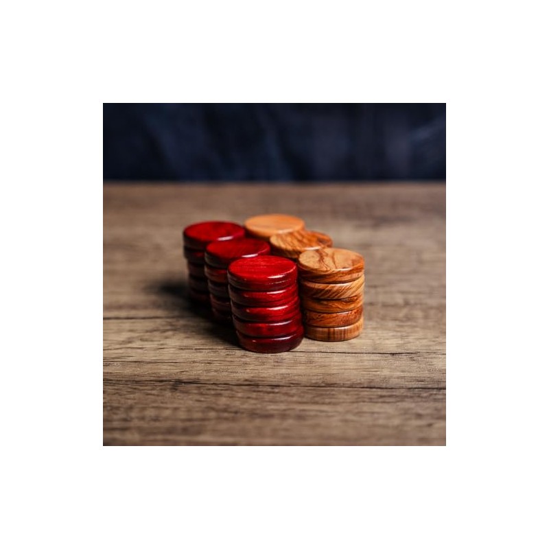 Luxury Manopoulos Olive Wood 36mm Backgammon Checkers - Red and
