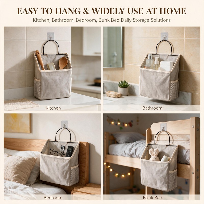 2pcs Linen Cotton Multi-Pocket Wall Hanging Bag with Hooks (Grey)
