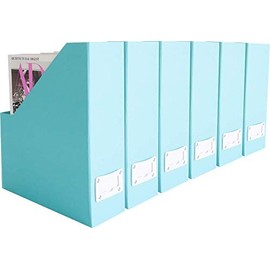 BLU MONACO Set of 6 Foldable Fun Aqua Magazine File Holders with White Leather Label Holder