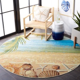 SAFAVIEH Barbados Collection Area Rug - 5'3" Round, Gold & Blue, Tropical Beach Seashell Design, Non-Shedding & Easy Care, Indoor/Outdoor & Washable-Ideal for Patio, Backyard, Mudroom (BAR555A)