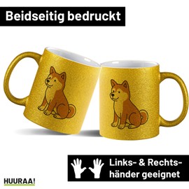 Huuraa Glitzer Kaffeetasse Akita Inu Comic Akita Geschenk 330ml Gold Akita Inu Geschenkidee