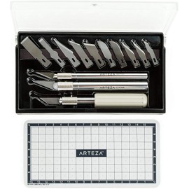 ARTEZA Model Making Tools, Set of 17, Includes Precision Handle, Trimming Handle, Cutting Handle, 13 Assorted Carbon Steel Caps, and Cutting Mat, for Craft and DIY Projects
