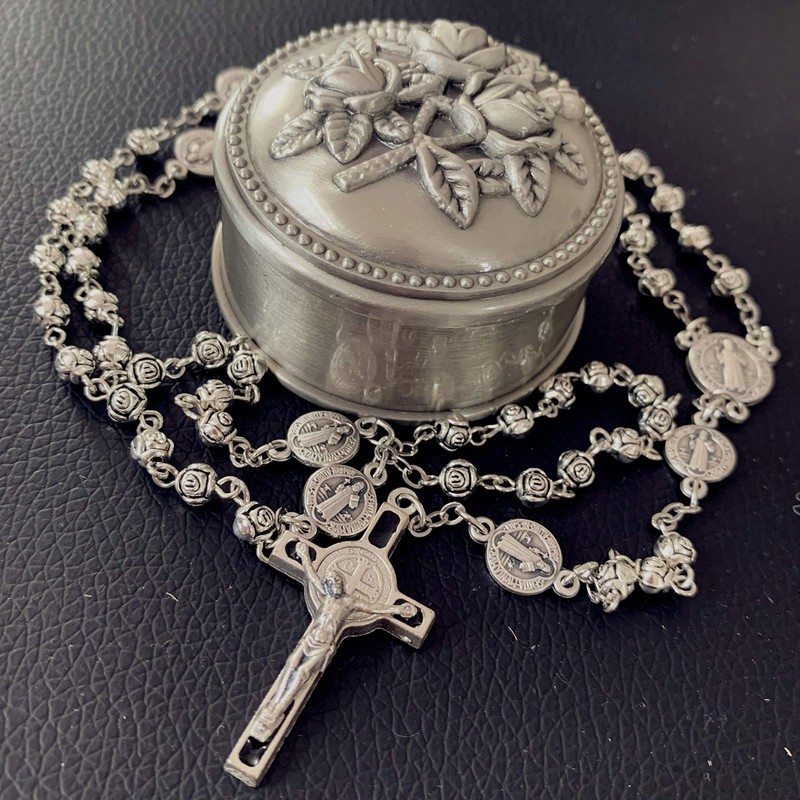 elegantmedical Handmade Silver Rose Beads St. Benedict Rosary Catholic Necklace