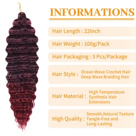Ainimiu Ocean Wave Crochet Hair 22 Inch 3 Packs Deep Wave Curly Braiding Hair Extensions Synthetic Curly Crochet Hair For Black Women
