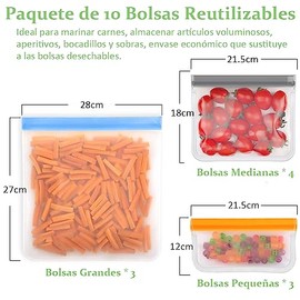 Ausein Bolsas Reutilizables para Alimentos, Paquete de 10 Bolsas de Silicona para Congelar Alimentos Sin BPA, Bolsas Resellables para Sándwich, Aperitivos, Carne, Verduras y Frutas (3 Colores)