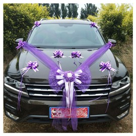 Pmnzdy Car Decoration Wedding Car Bonnet Silk Flower Tulle Garland Ribbon Decoration Wedding Decoration Car Wedding Flower Decoration Car Decoration for Wedding Engagement Party Purple