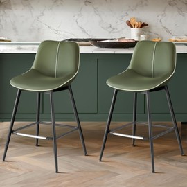 VASAGLE Bar Stools Set of 2, Counter Height Bar Stools with Back, Ergonomic Backrest, Synthetic Leather, Metal Legs, 24.4-Inch Tall Barstools for Kitchen Island Home Bar, Easy Assembly, Forest Green