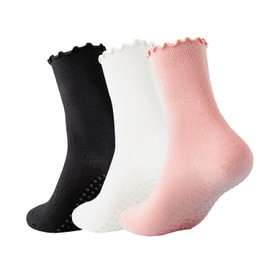 Ceoon 3 Pairs Pilates Socks with Grips Non-slip Ruffle Yoga Sock Grip Sock for Women (Polycotton, Socks set 6)