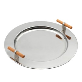 Round Stainless Steel Serving Tray, Home Storage Tray with Wooden Handle Tea Serving Tray Coffee Snack Dinner Party Storage Tray (Silver)