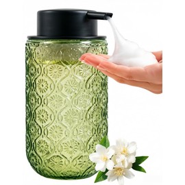 Abriclo Green Glass Foaming Hand Soap Dispenser, Foam Soap Dispenser Refillable with Matte Black Pump Thick Embossed Glass Vintage Soap Dispenser for Bathroom Kitchen Countertop Vintage Home Decor