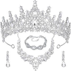 Inbagi Inbagi 4 Pcs Quinceanera Crowns Costume Jewelry Sets Bride Wedding Crystal Queen Crowns Rhinestone Necklace Dangle Earrings Link Bracelet Set (Silver)