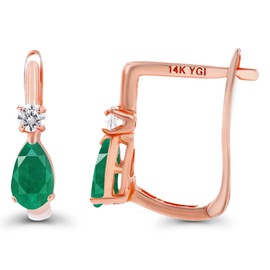 Solid 14K Rose Gold 5x3mm Pear Natural Green Emerald May Birthstone Huggie Earrings For Women & 2mm Created White Sapphire Latchback Earrings For Women