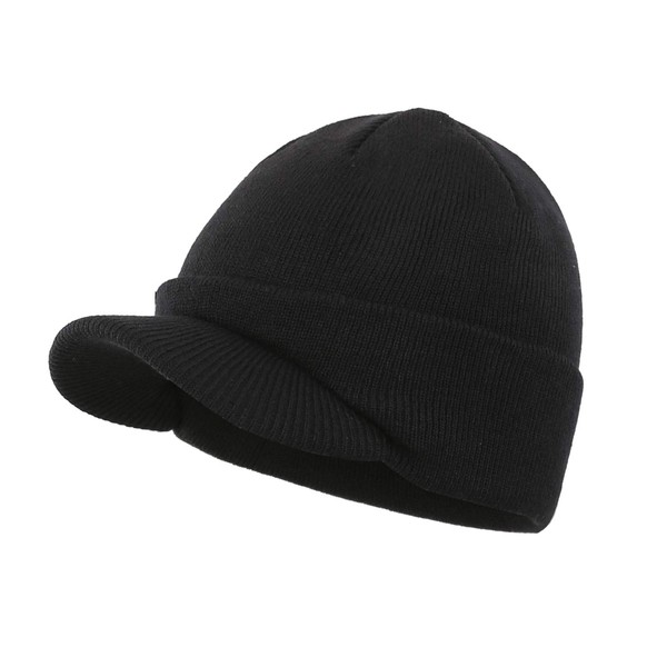 Home Prefer Men's Beanie Hat for Winter Knitted Hat with Bill Daily Beanie Cap Black