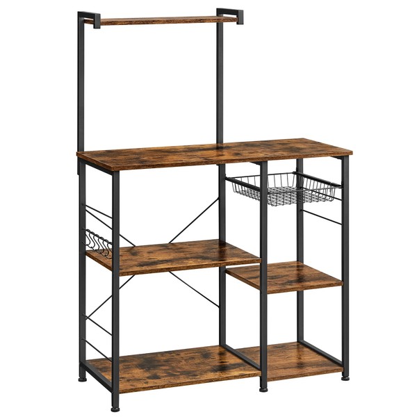 VASAGLE Baker's Rack, Microwave Stand, Kitchen Storage Rack with Wire Basket, 6 Hooks, and Shelves, for Spices, Pots, and Pans, Rustic Brown and Black UKKS35X