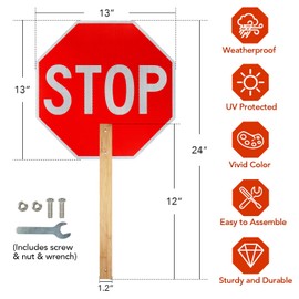 Stop Slow Sign with Bamboo Handle, 13" x 13" Double Sided Engineer Grade Aluminum Sign, Reflective,Sturdy, Easy to Assemble