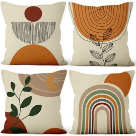 Aoihrraan Boho Cushion Covers Pack of 4, 41 x 41 cm Abstract Rainbow Sun Throw Pillow Covers Mid Century Decorative Square Pillow Case, Linen Throw Pillowcases With Invisible Zipper for Sofa Car Bed