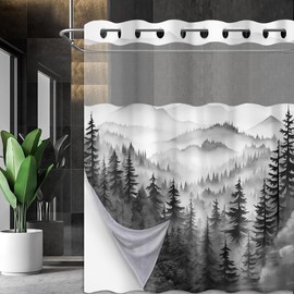 Forest Hookless Shower Curtain with Snap in Liner, Nature Woodland No Hook Double Layer Shower Curtain and Liner Set, Ringless with Window Waterproof Cloth Fabric, 71" W x 80" L