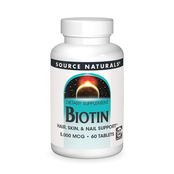 Source Naturals Biotin 5,000mcg High Potency B Vitamin Nutrients Support Healthy Hair, Skin & Nails - Maximum Strength Biotin Deficiency Supplement - 60 Tablets