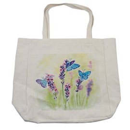 Lunarable Lavender Shopping Bag, Summer Field Natural Wildlife Themed Watercolor Artwork with Butterflies, Eco-Friendly Reusable Bag for Groceries Beach and More, 15.5" X 14.5", Cream