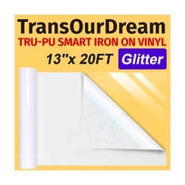 TransOurDream Tru-PU Smart Iron On Vinyl, White Glossy Glitter Heat Transfer Vinyl, 13in x 20ft HTV for AIR 2, Explore 3, Maker 3, Cameo, Matless Cutting, Thinner, Soft, Sticky