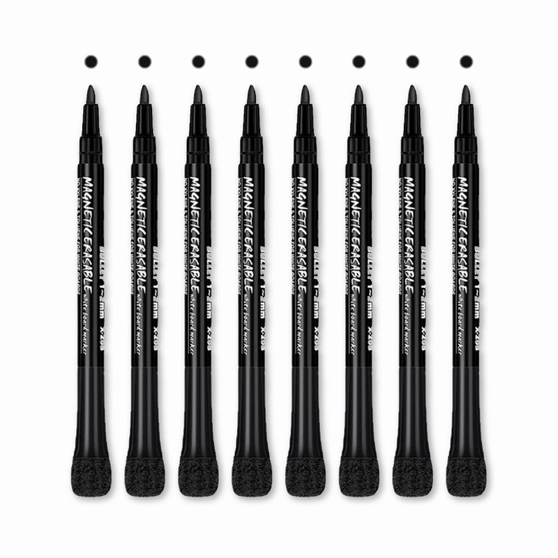 Whiteboard Pens, Set of 8 Black with Magnet, Eraser, Water