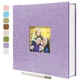 HoneyTolly Large Photo Album Self Adhesive with Picture Display Window, DIY Scrapbook Album for 4x6 8x10 Pictures, 40 Pages Light Purple Linen Cover Memory Book with Scraper and Metallic Pen