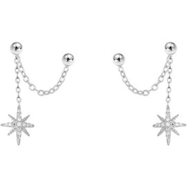 Star Chain 925 Sterling Silver Earrings for Women Girls Hypoallergenic Double Piercing Studs Tassel Dangle Drop Fashion Chic Jewelry Gifts (One size, Silvery)