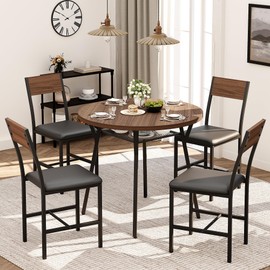 Pamapic Round Dining Table Set for 4, Kitchen Table and Chairs for 4, Dining Room Circle Dinner Pedestal Table, Solid Metal Frame,Space Saving Wood Kitchen & Dining Room Furniture,Walnut