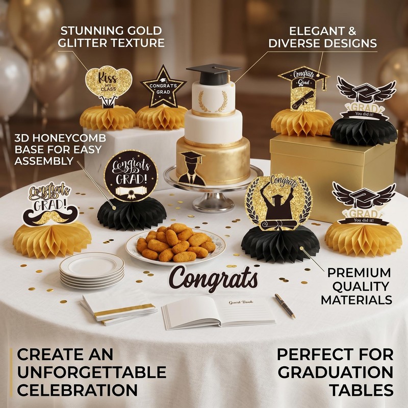 NUOM Decorazioni Laurea Nido d’Ape Nero e Oro 9 Pezzi,