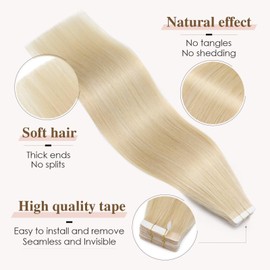 Tess Tape Extensions Real Hair Blonde #613 Tape Hair Pieces Tape-In Hair Extensions, Remy Human Hair Extensions Straight, 10 Pieces, 24 Inches (60 cm) – 25 g