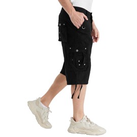 Rejork Cargo Shorts for Men Casual 3/4 Capri Pants with Pockets Long Below Knee Length Loose Fit Hiking Work 36 Black