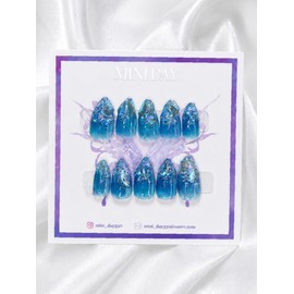 Deep Ocean Crystal Handmade Nail Tips - Short Almond / 딥 오션 크리스탈 수제 네일팁 - 숏 아몬드