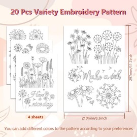 peacoblue Water Soluble Embroidery Patterns for Beginners 4 Sheets Dandelion Flower with 20pcs Patterns, Wash Away Stick and Stitch Dissolvable Embroidery Paper for Hand Sewing Lovers Adult