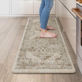KIMODE Anti Fatigue Kitchen Mat 20"x39", Padded Kitchen Floor Mats Non Slip, Waterproof Cushioned Floral Kitchen Runner, Farmhouse Comfort Standing Mat for Laundry, Office, Sink, Desk Khaki
