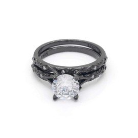 Lannelle Black Wedding Ring Set for Women by Ginger Lyne | Solitaire 1.25 Carat Engagement Ring with Matching Band for Her | Sterling Silver Unique Vine Setting Black Tie Series Bridal Jewelry