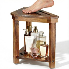 Acacia Wood Shower Stool for Shaving Legs, Shower Foot Rest with Storage Shelf for Inside Small Shower Spaces, Waterproof Shower Foot Stool for Inside Shower, Corner Bath Shower Bench
