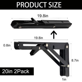 Collapsible Triangle Shelf Bracket Max, 2 Pcs Black Heavy Duty Folding Shelf Brackets, 20inch Heavy Duty DIY Wall Mounted Shelf Bracket, DIY Foldable Shelf for Benches and Tables, Load 550 lb